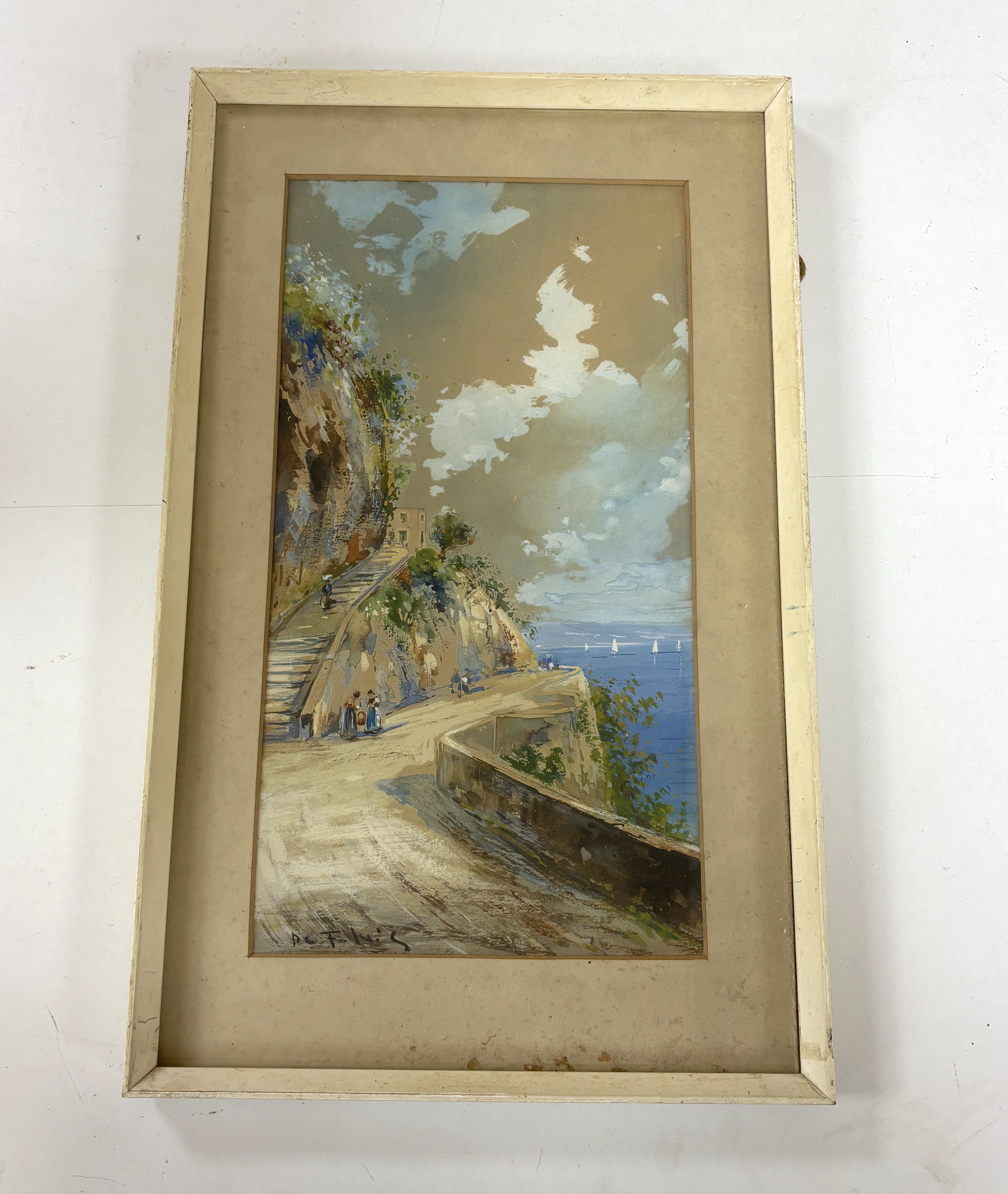 De Fulvis (Italian, 19/20th. C), heightened gouache, Neapolitan view, signed, 29 x 15cm